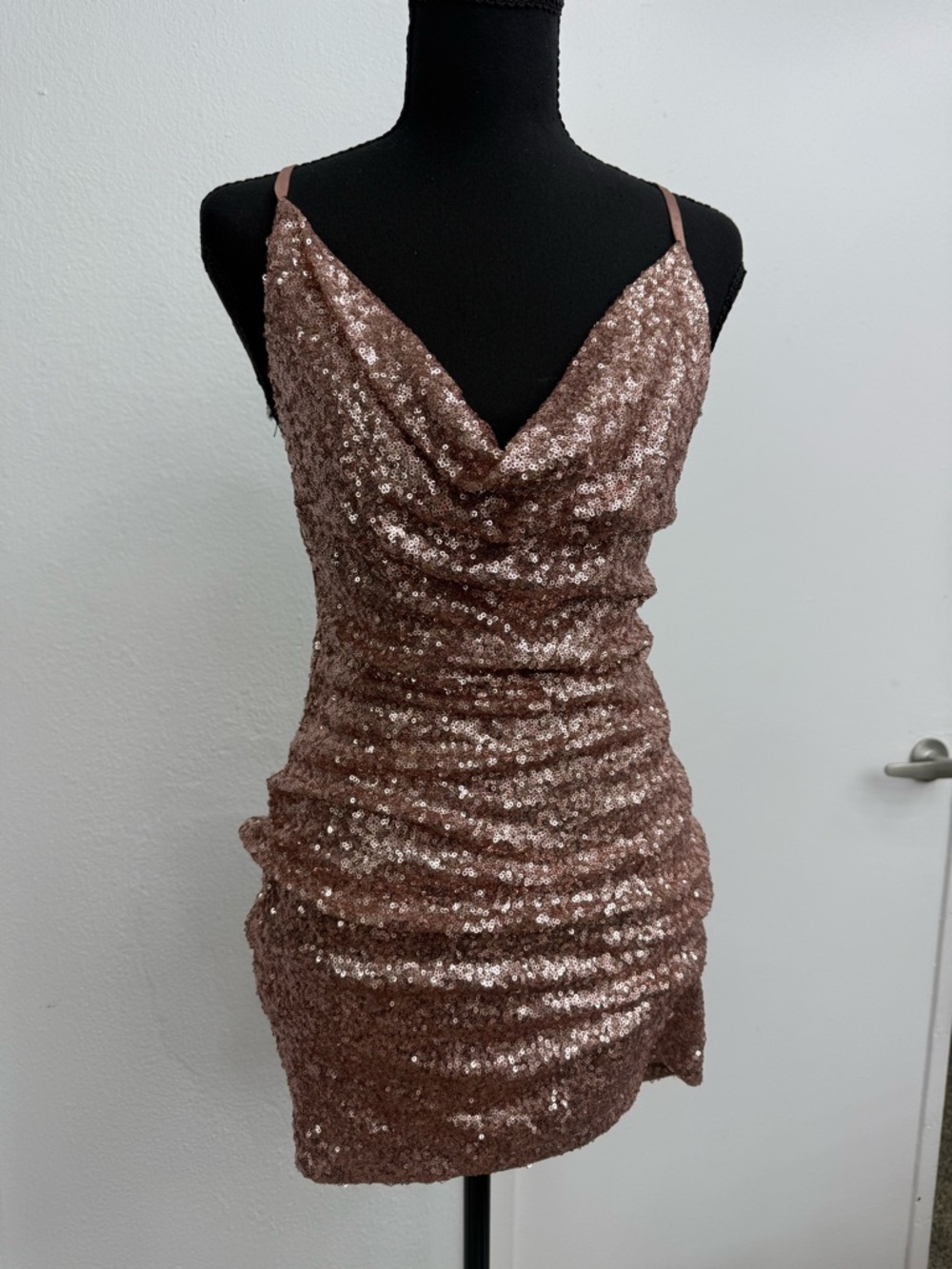 Sequin Cowl Neck Mini Dress in Rose Gold